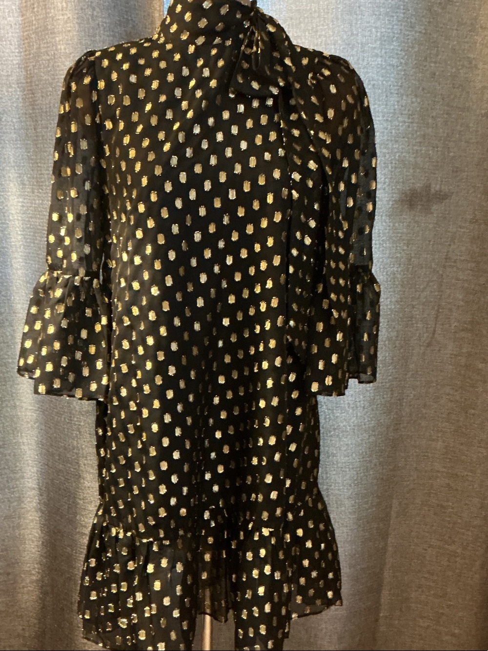 Calvin Klein Black Mini Dress with Gold Dot Accents and Tie Neck